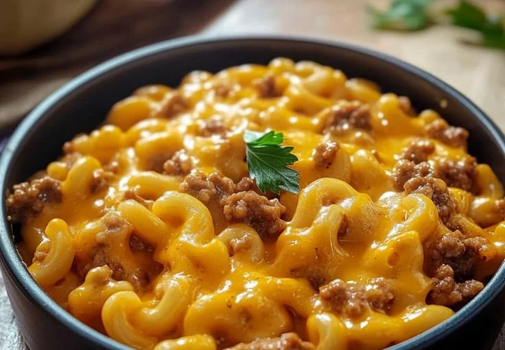 Cheeseburger macaroni prepared with Velveeta and Hamburger Helper in a skillet