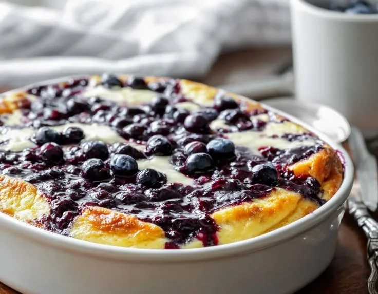 Cheesecake Blueberry Dump Cake topped with fresh blueberries and creamy cheesecake layer.