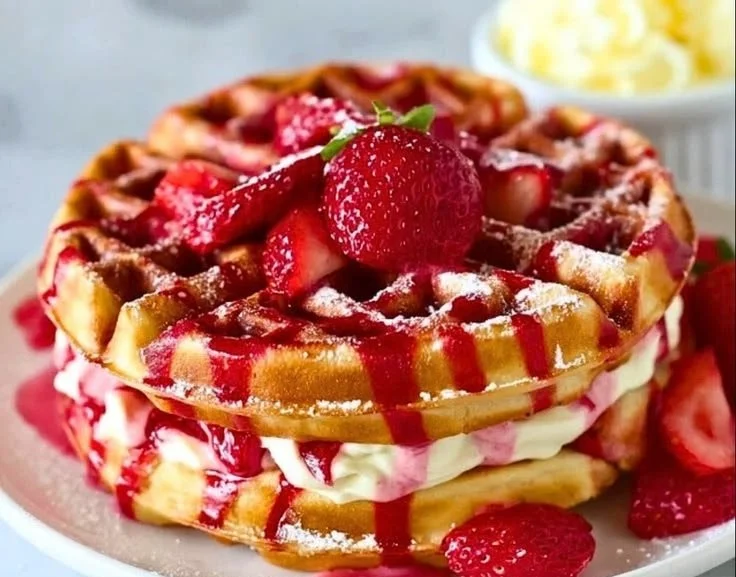 Delicious cheesecake-filled strawberry waffles served with fresh strawberries