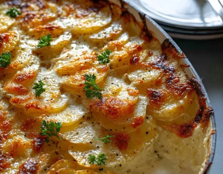 Cheesy Garlic Potatoes Gratin baked to perfection