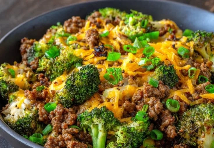Cheesy Ground Beef and Broccoli dish served in a bowl