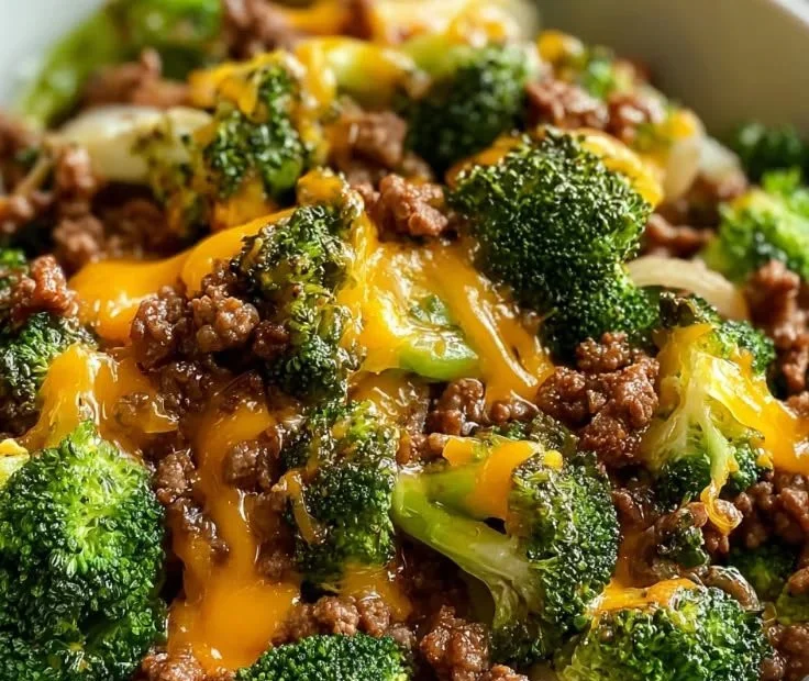 Delicious cheesy ground beef with broccoli served in a bowl