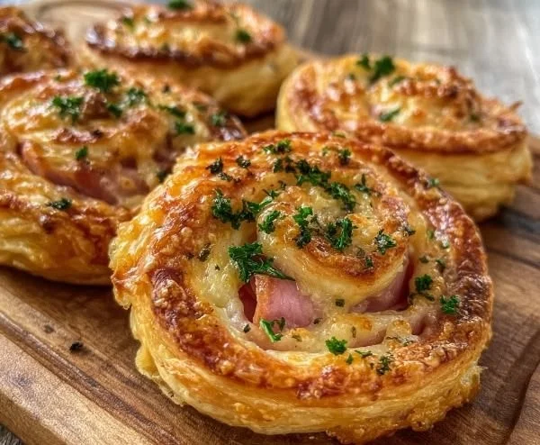 Cheesy ham swirls made with puff pastry, perfect for snacking or appetizers.