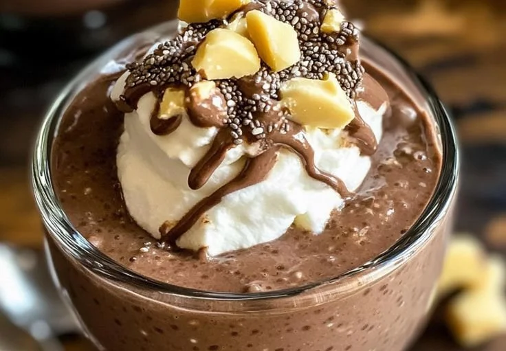 Chia pudding topped with chocolate and peanut butter in a glass bowl