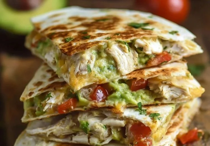 Delicious chicken and avocado quesadillas on a white plate