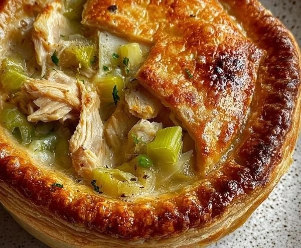 Delicious homemade chicken leek pie with flaky pastry and creamy filling