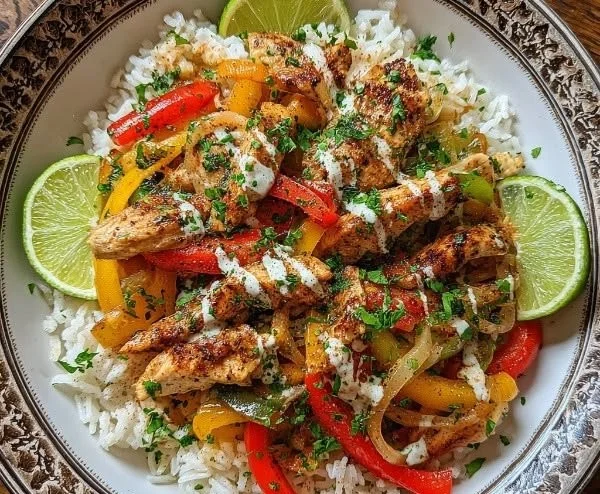 Delicious Chicken Fajita Rice Bowls topped with fresh vegetables and seasonings