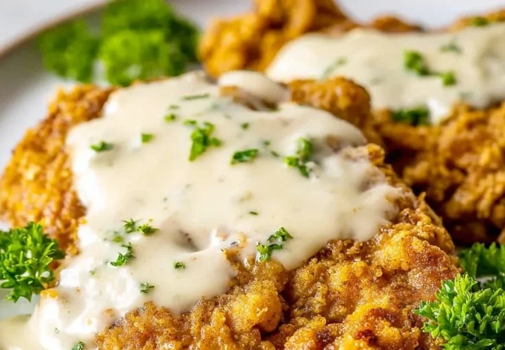 Juicy Chicken Fried Steak topped with creamy Country Gravy on a plate