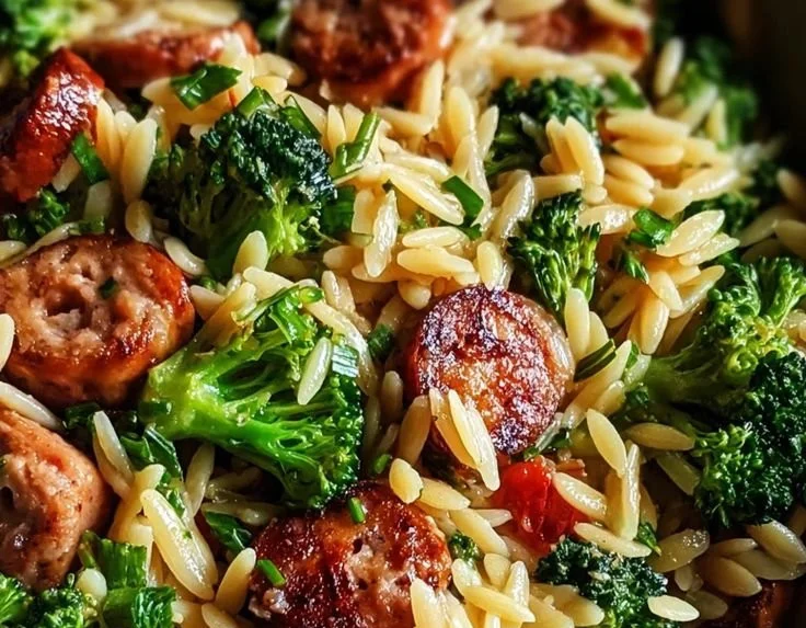 Plate of Chicken Sausage with Broccoli and Orzo ready to serve.