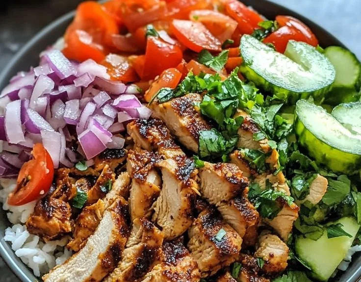 Chicken Shawarma Bowl with fresh ingredients and spices served in a bowl.