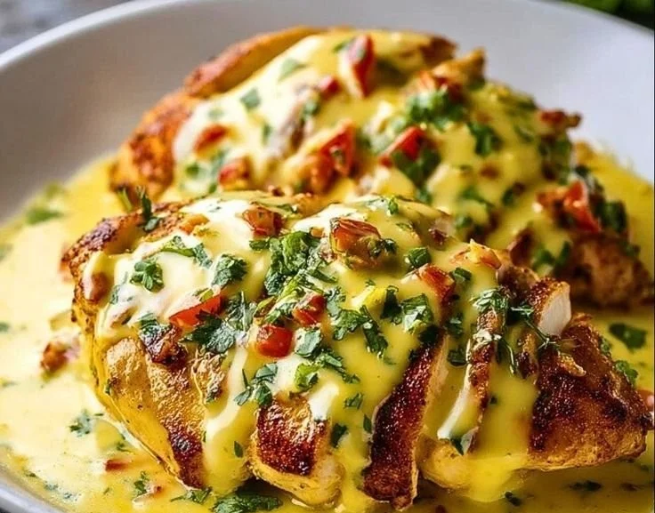 Chicken breast topped with creamy cheese sauce on a plate