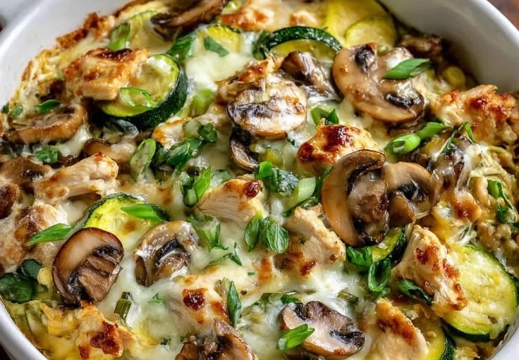 Delicious Chicken Zucchini Mushroom Bake served in a casserole dish