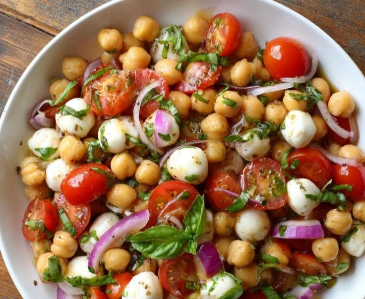 Chickpea Caprese Salad with fresh tomatoes, mozzarella, and basil
