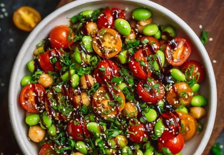 Chickpea Edamame Salad with fresh vegetables and dressing