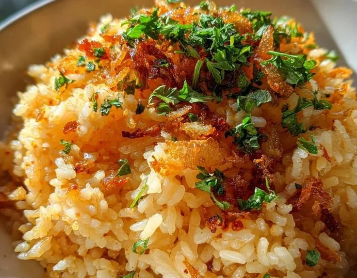 Bowl of Chili Oil Garlic Fried Rice (Sinangag) garnished with scallions.