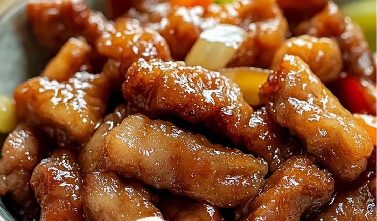 Delicious serving of Chinese Sweet and Sour Pork with colorful vegetables