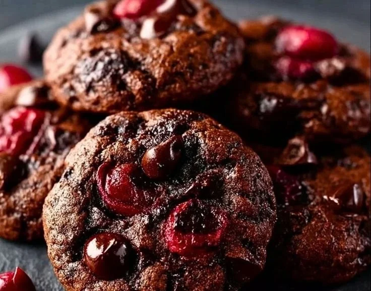 Delicious Chocolate Cherry Cookies with cocoa and cherries on a plate.