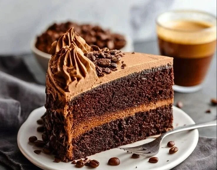 Deliciously moist Chocolate Espresso Cake topped with chocolate frosting