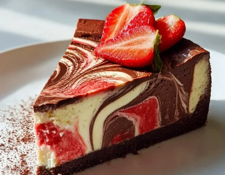 Chocolate strawberry swirl cheesecake served on a white plate