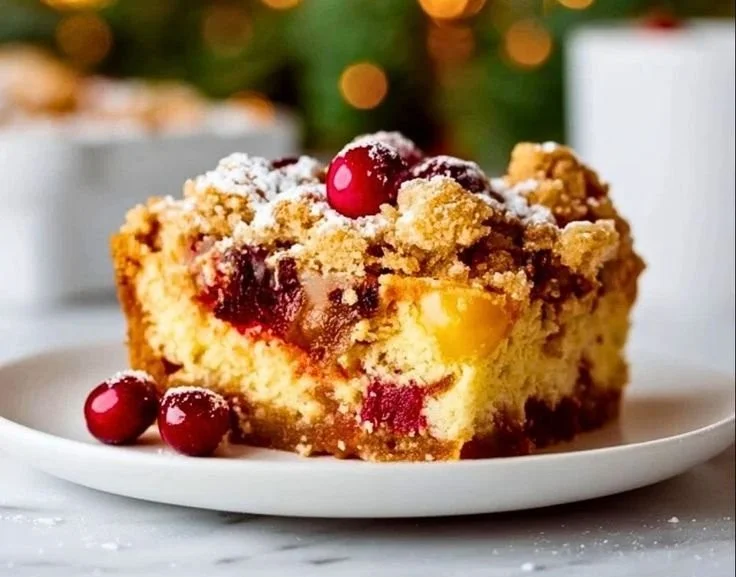 Delicious Christmas Dump Cake topped with festive decorations and berries.