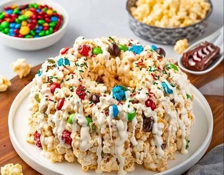 Festive Christmas popcorn cake decorated with colorful sprinkles and candy.