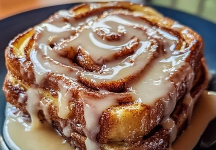 Delicious cinnamon roll french toast topped with icing and berries