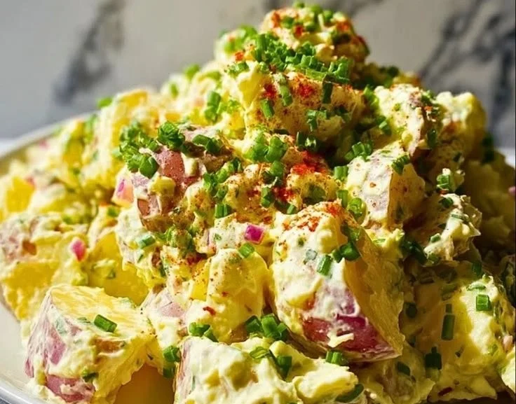 Bowl of classic American potato salad garnished with parsley