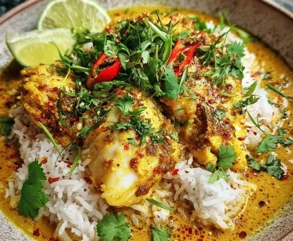 Delicious Coconut Lime Fish Curry served with Jasmine Rice