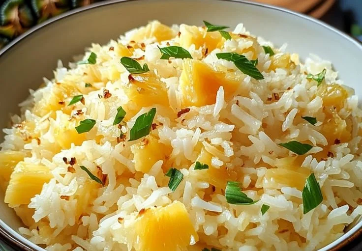 Delicious Coconut Pineapple Rice served in a bowl with pineapples and coconut flakes