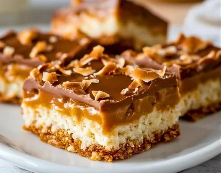Delicious homemade Coconut Toffee Bars on a plate, garnished with coconut flakes.