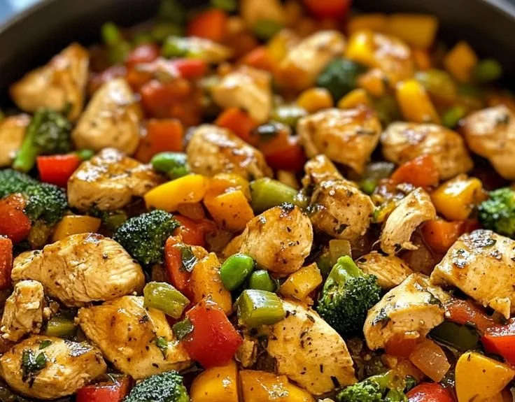 Colorful one-pot chicken dish with assorted vegetables cooked together