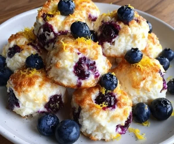 Cottage cheese bites topped with fresh blueberries and lemon zest