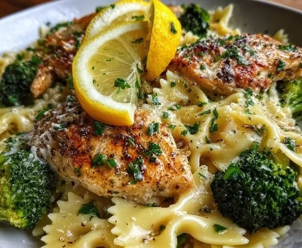 Plate of Cowboy Butter Lemon Chicken with bowtie pasta and broccoli