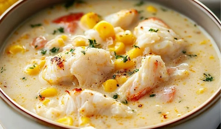 Bowl of creamy Crab Chowder with corn, garnished with parsley.