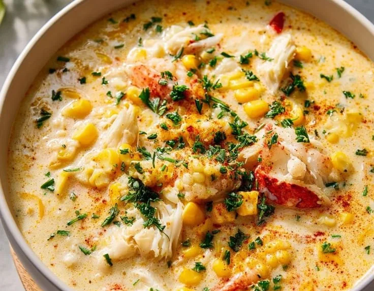 Bowl of Crab and Corn Chowder garnished with fresh herbs by Bobby Flay
