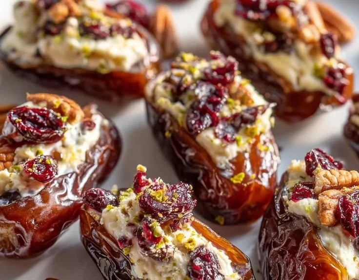 Cranberry pecan cream cheese stuffed dates on a platter