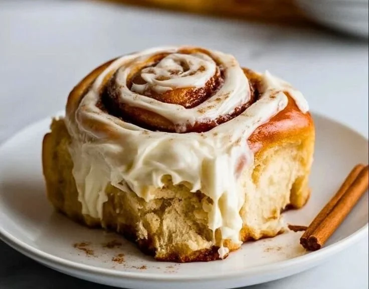 Cream cheese frosting atop warm cinnamon rolls for a delightful dessert.