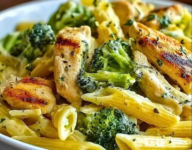 Creamy chicken and broccoli penne pasta dish served in a bowl