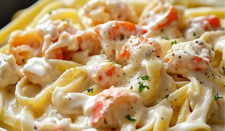 Bowl of creamy Crab Fettuccine Alfredo pasta garnished with parsley