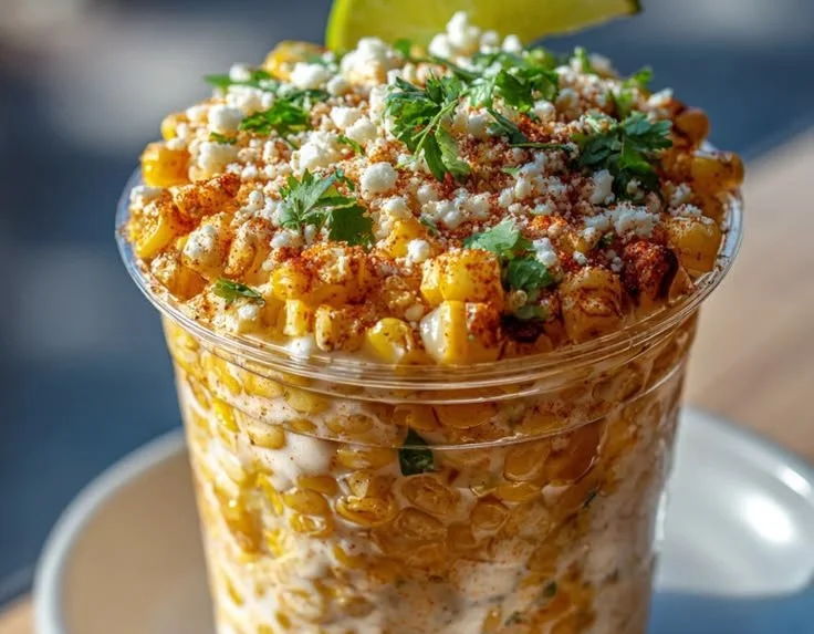 Delicious creamy esquites - Mexican street corn served in a cup with toppings