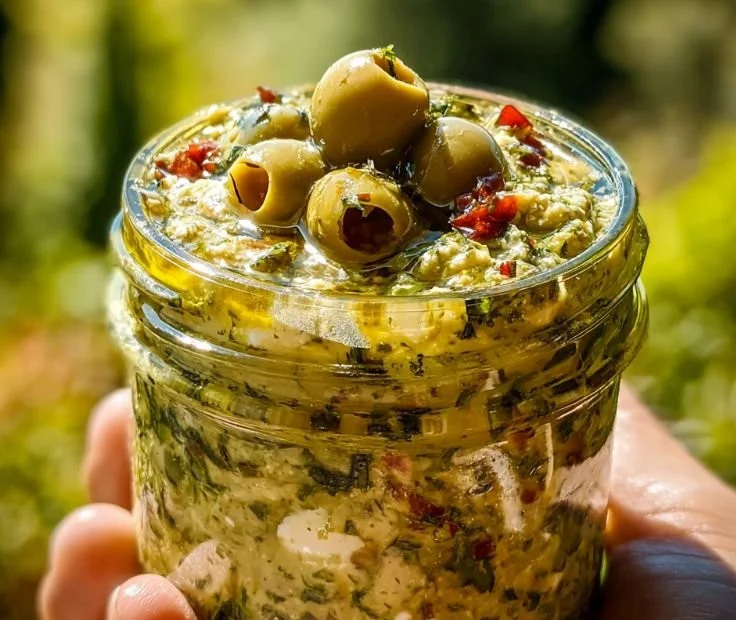 Creamy feta and green olive dip served in a bowl with a drizzle of olive oil