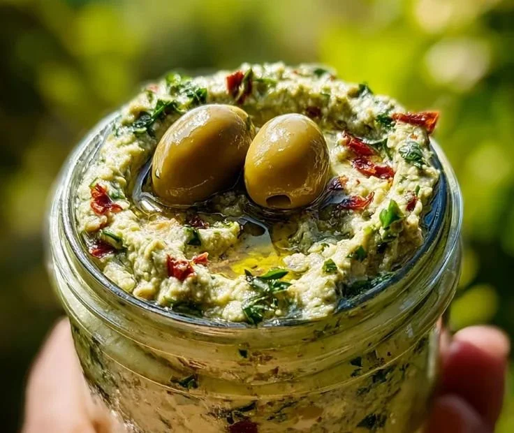 Creamy feta dip with green olives served in a bowl.