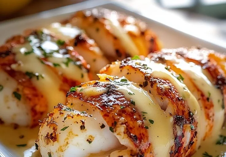 Creamy garlic butter lobster tails served on a plate garnished with herbs