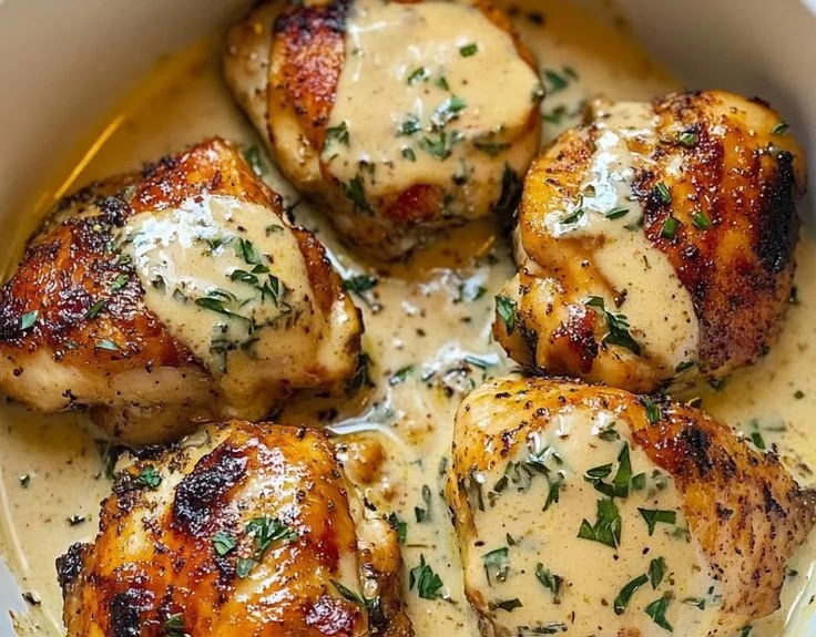 Creamy garlic Cajun chicken thighs garnished with herbs on a plate