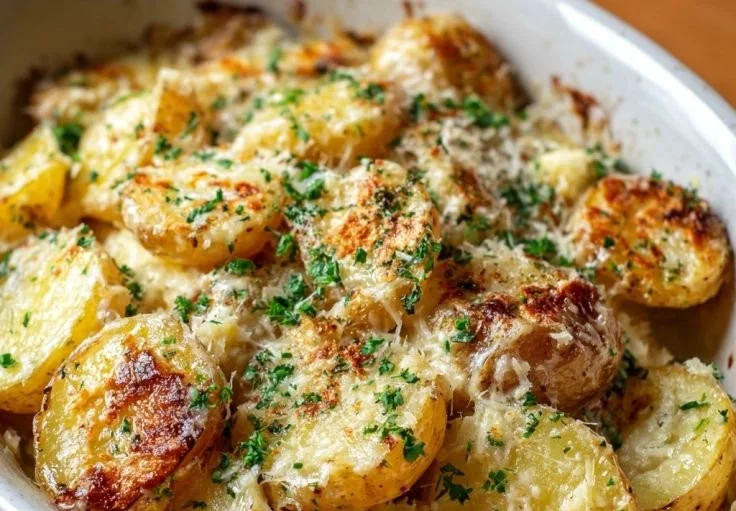 Creamy garlic parmesan potatoes served in a bowl