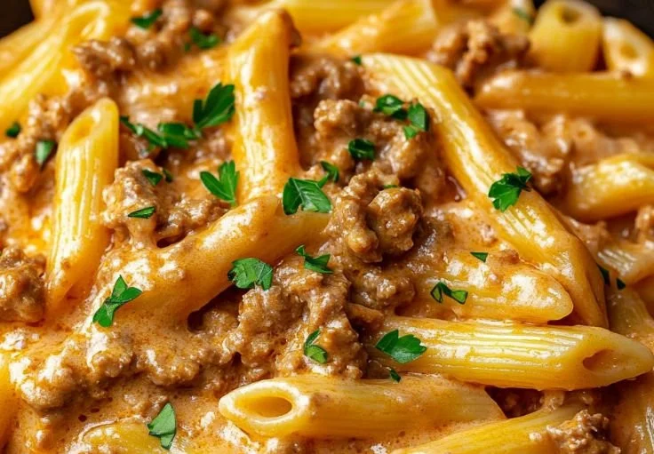 Creamy high-protein beef pasta dish served in a bowl