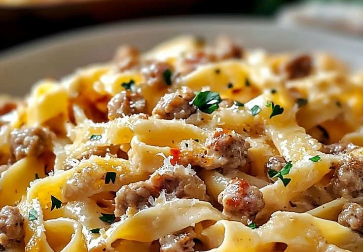 Creamy Italian Sausage Fettuccine served in a bowl with parsley garnish