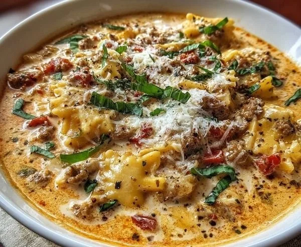 Creamy lasagna soup served in a bowl with fresh basil garnish.