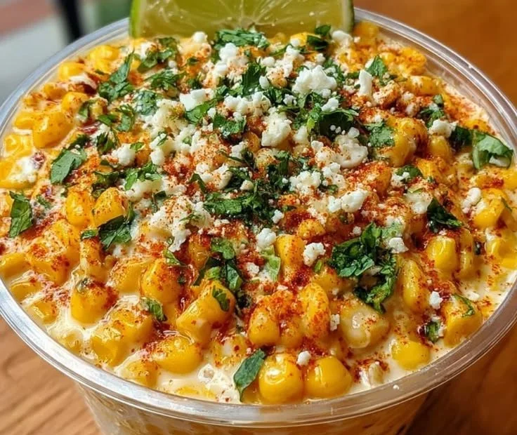 Creamy Mexican street corn cup topped with cheese and spices