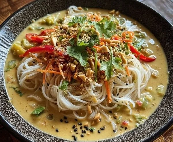 Creamy nutty noodle soup topped with fresh herbs and nuts in a bowl.